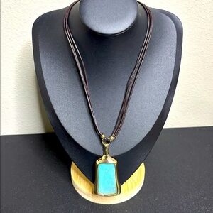 RLM Robert Lee Morris Blue Enamel Gold & Leather Necklace Boho Western‍﻿﻿﻿﻿﻿﻿﻿﻿﻿